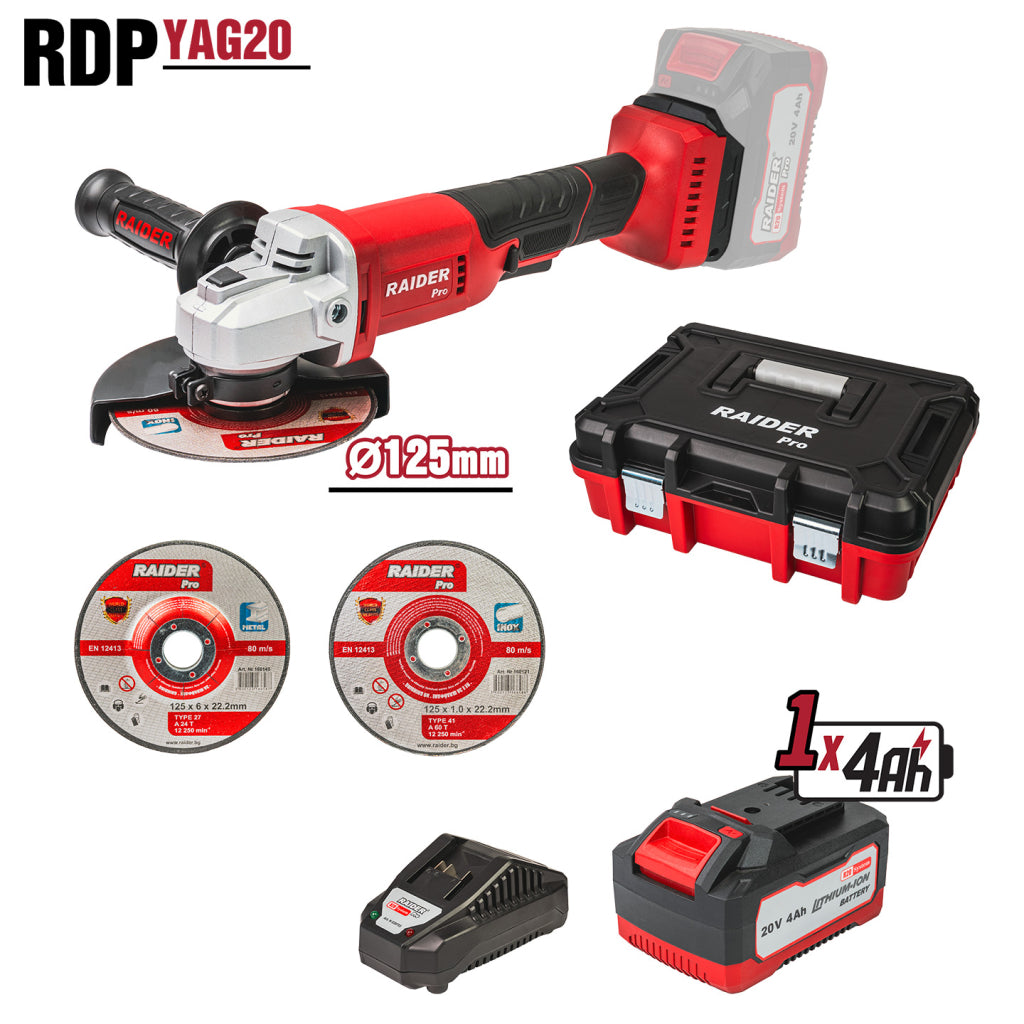 Raider R20 Polizor unghiular Ø125mm 20V 4.0Ah RDP-YAG20 R20 - O baterie, multe posibilitati!