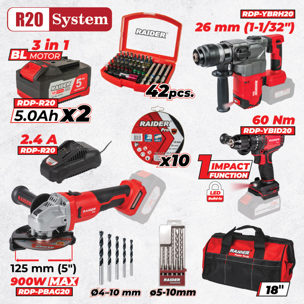 Raider R20 set masina de gaurit, rotopercutor si flex + 2x5.0Ah + Accesorii RDP-BXS1 R20 - O baterie, multe posibilitati!