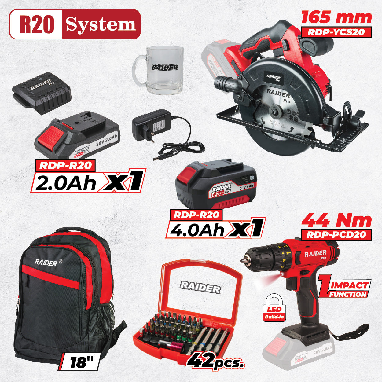 Raider R20 set masina de gaurit si circular 2x5.0Ah + Accesorii RDP-BXS2 R20 - O baterie, multe posibilitati!