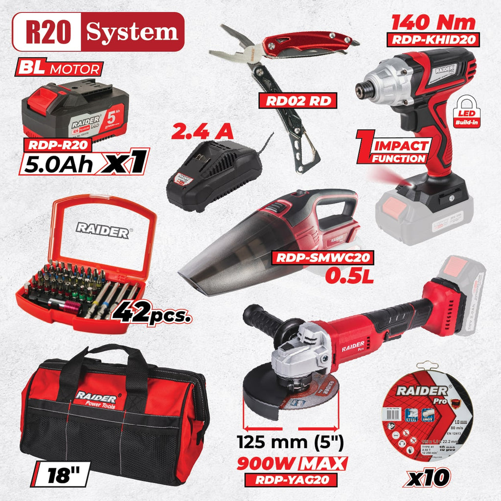 Raider R20 set cheie cu impact, flex si aspirator 5.0Ah + Accesorii RDP-BXS3 R20 - O baterie, multe posibilitati!