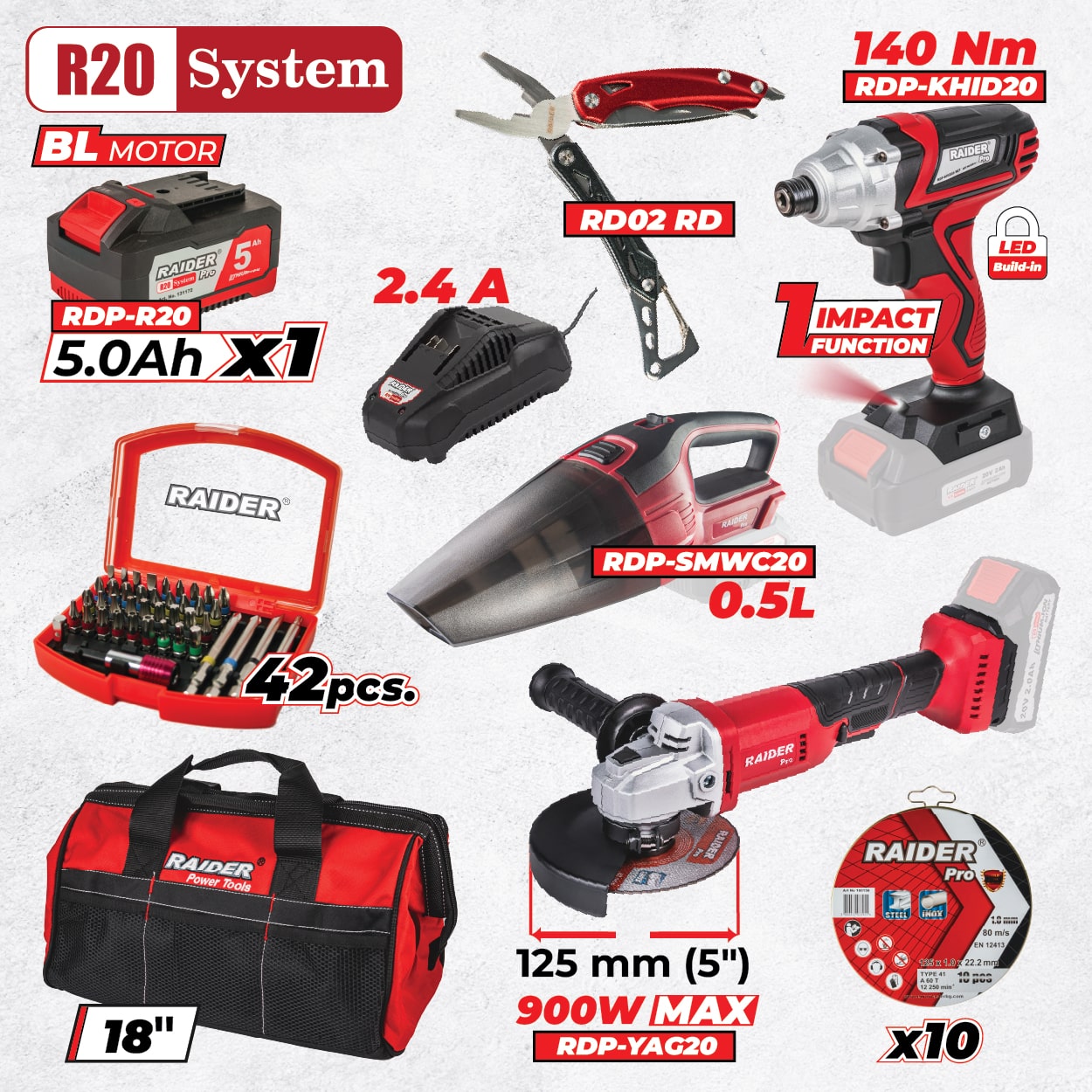 Raider R20 set cheie cu impact, flex si aspirator 5.0Ah + Accesorii RDP-BXS3 R20 - O baterie, multe posibilitati!