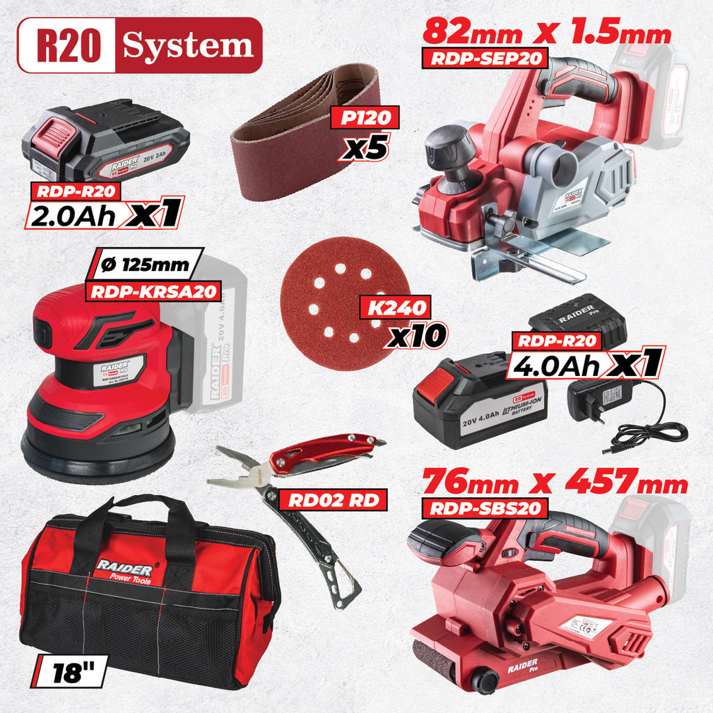 Raider R20 set rindea si 2 slefuitorare 2.0 + 4.0Ah + Accesorii RDP-BXS11 R20 - O baterie, multe posibilitati!