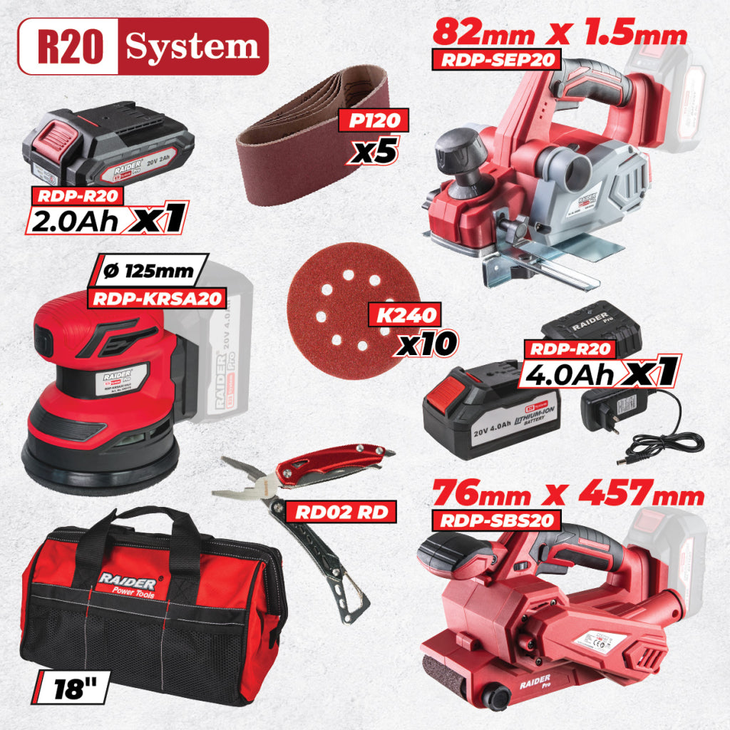 Raider R20 set rindea si 2 slefuitorare 2.0 + 4.0Ah + Accesorii RDP-BXS11 R20 - O baterie, multe posibilitati!