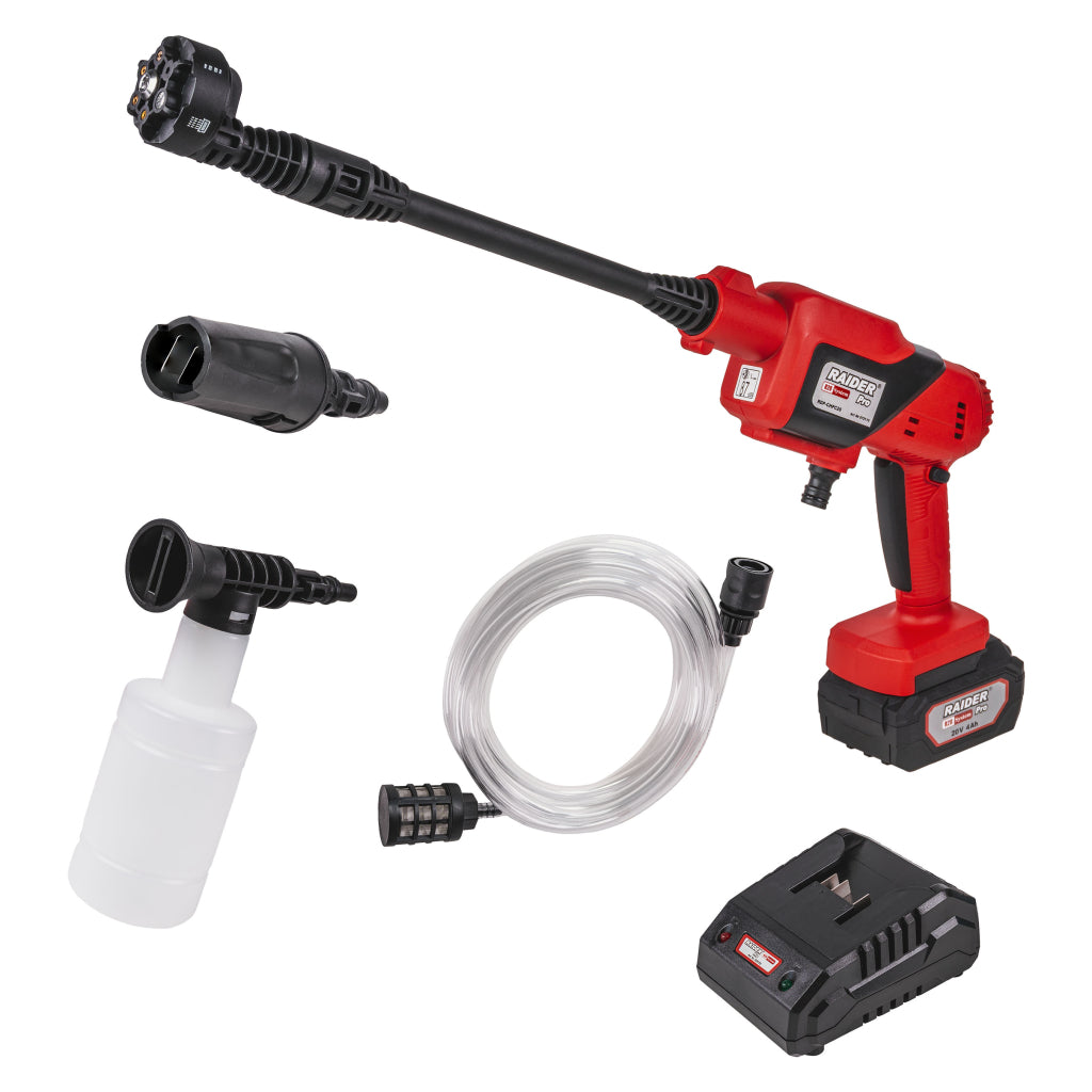 Raider R20 Aparat spalat cu presiune 20V 25 de bari 4.0Ah 6 duze RDP-CHPC20 R20 - O baterie, multe posibilitati!