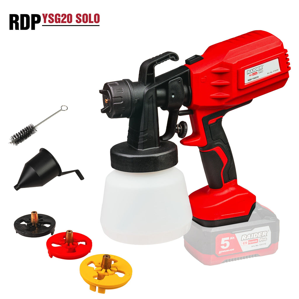 Raider R20 Pistol de vopsit 20V cu 3 duze Ø1.5-2.5mm 0.8L SOLO RDP-YSGC20 R20 - O baterie, multe posibilitati!