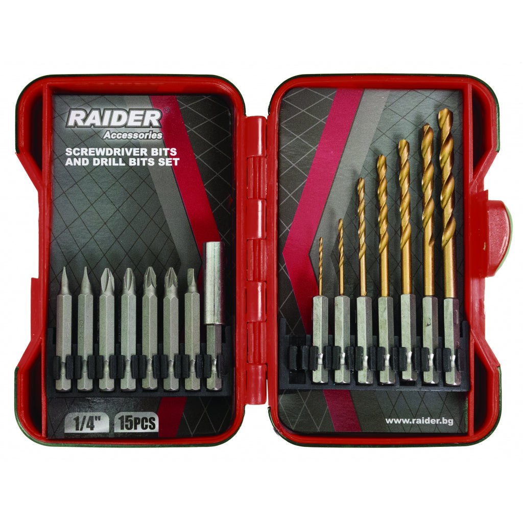 Raider trusa 15 biti si burghie pentru surubelnita R20 - O baterie, multe posibilitati!