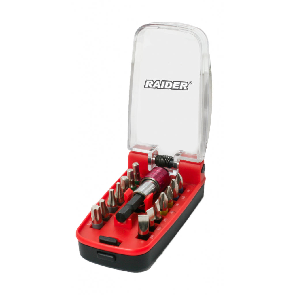 Raider set 15 biti si suport magnetic 1/4'' R20 - O baterie, multe posibilitati!