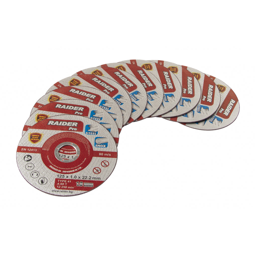 Raider Set 10 discuri pentru taiat otel-inox 125х1mm A60Tx RDP R20 - O baterie, multe posibilitati!