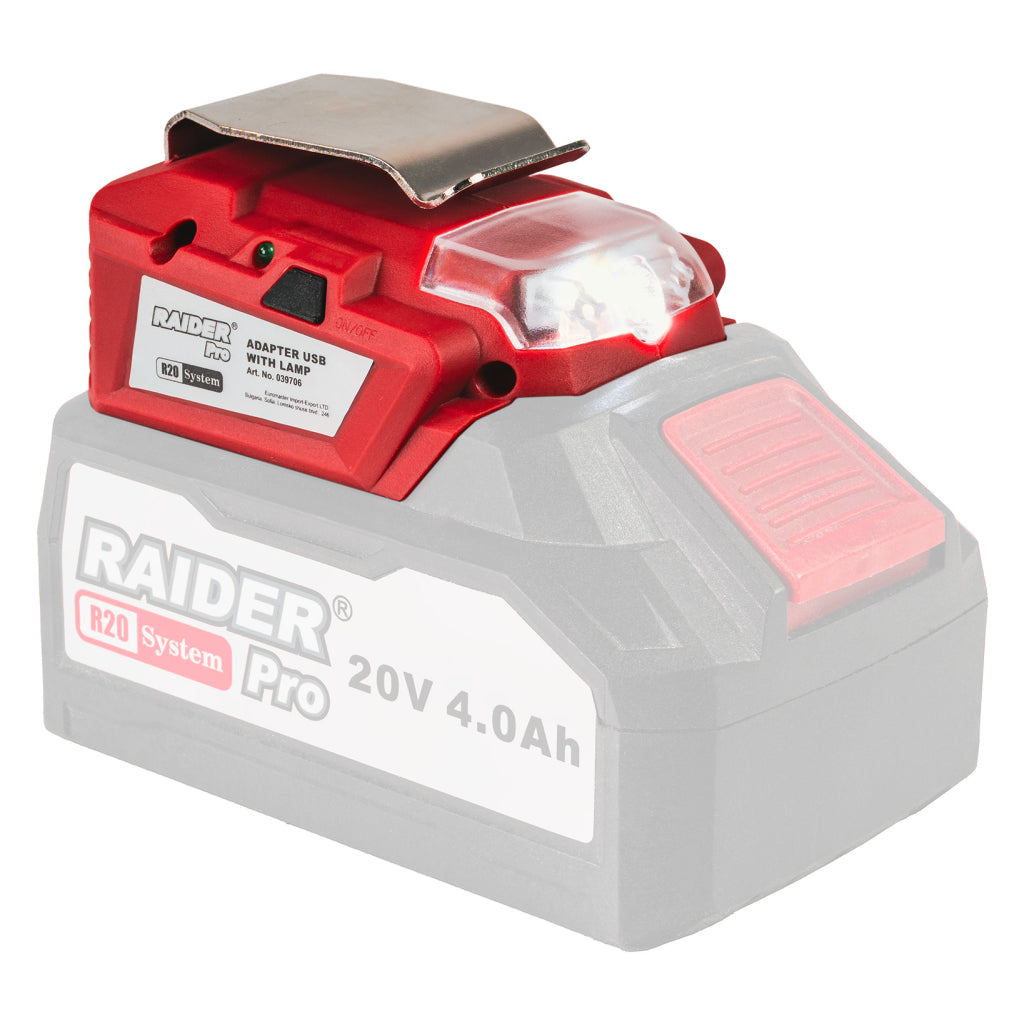 Raider R20 adaptor USB cu lampa de lucru 20V SOLO pentru seria R20 R20 - O baterie, multe posibilitati!
