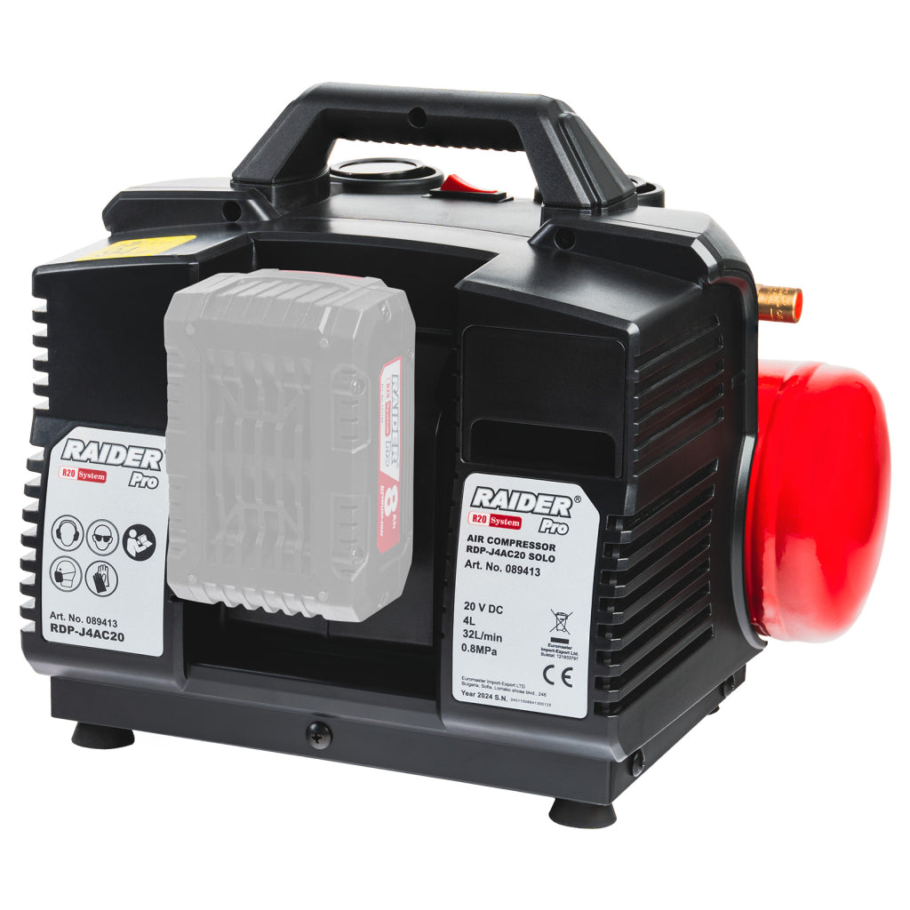Raider R20 Compresor aer 20V cu butelie de 4L 32L/min 8bar SOLO RDP-J4AC20 R20 - O baterie, multe posibilitati!