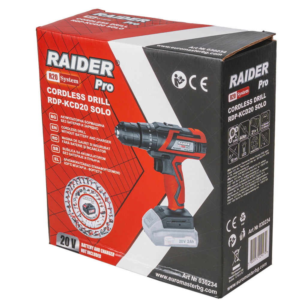 Raider R20 Masina de gaurit si insurubat 20V, SOLO, 44Nm, 10mm, RDP-KCD20 R20 - O baterie, multe posibilitati!