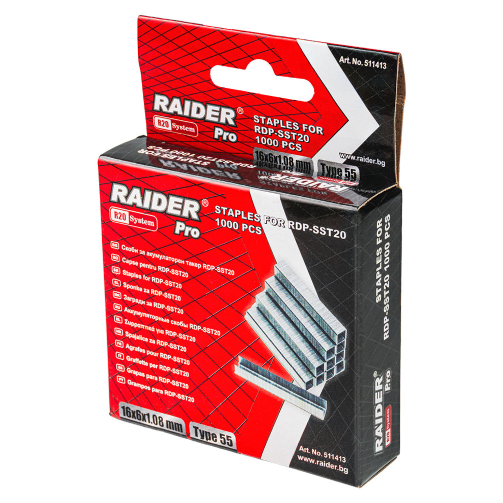 Raider Set 1000 de capse galvanizate tip 55 1.08mm 14-25mm pentru capsator electric R20 - O baterie, multe posibilitati!