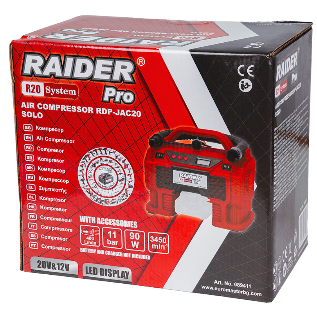 Raider R20 Compresor aer 20V & 12V 11 bari Display LED SOLO RDP-JAC20 R20 - O baterie, multe posibilitati!