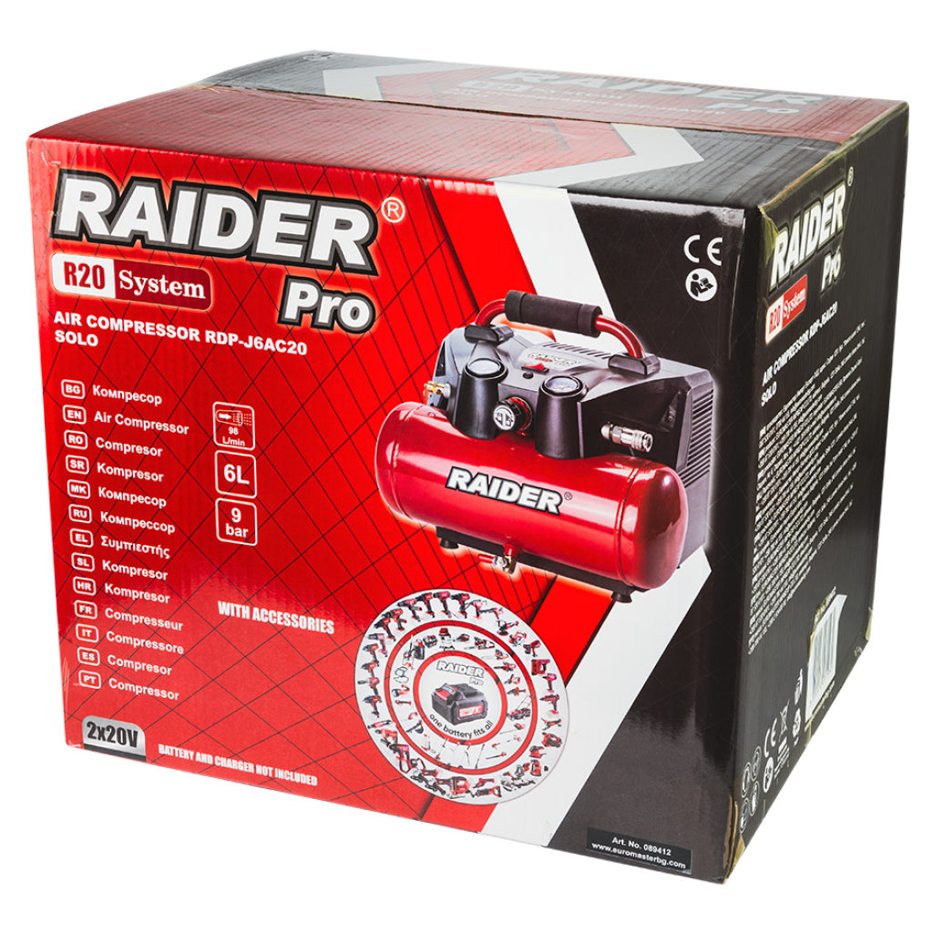 Raider R20 Compresor aer 40V cu butelie de 6L 98L/min 9bar SOLO RDP-J6AC20 R20 - O baterie, multe posibilitati!