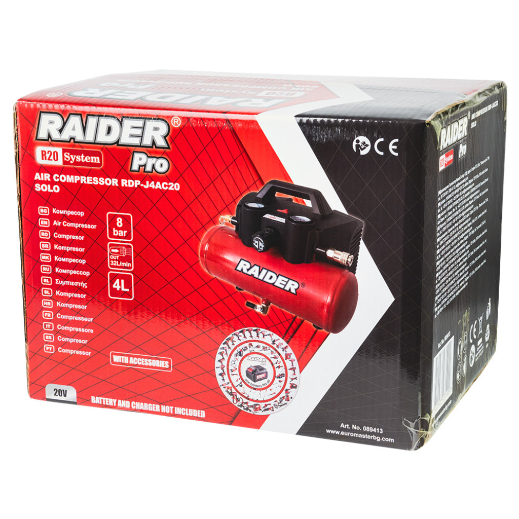 Raider R20 Compresor aer 20V cu butelie de 4L 32L/min 8bar SOLO RDP-J4AC20 R20 - O baterie, multe posibilitati!