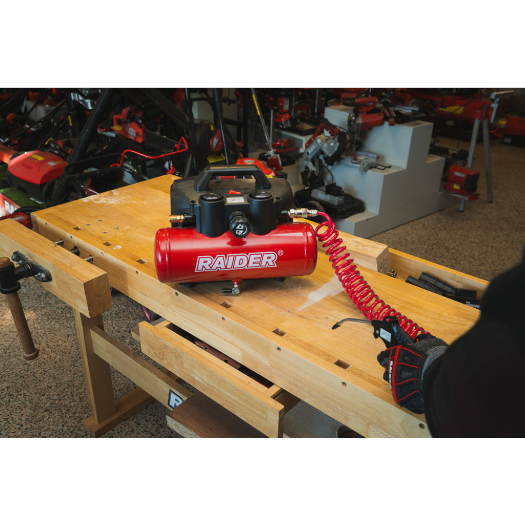 Raider R20 Compresor aer 20V cu butelie de 4L 32L/min 8bar SOLO RDP-J4AC20 R20 - O baterie, multe posibilitati!
