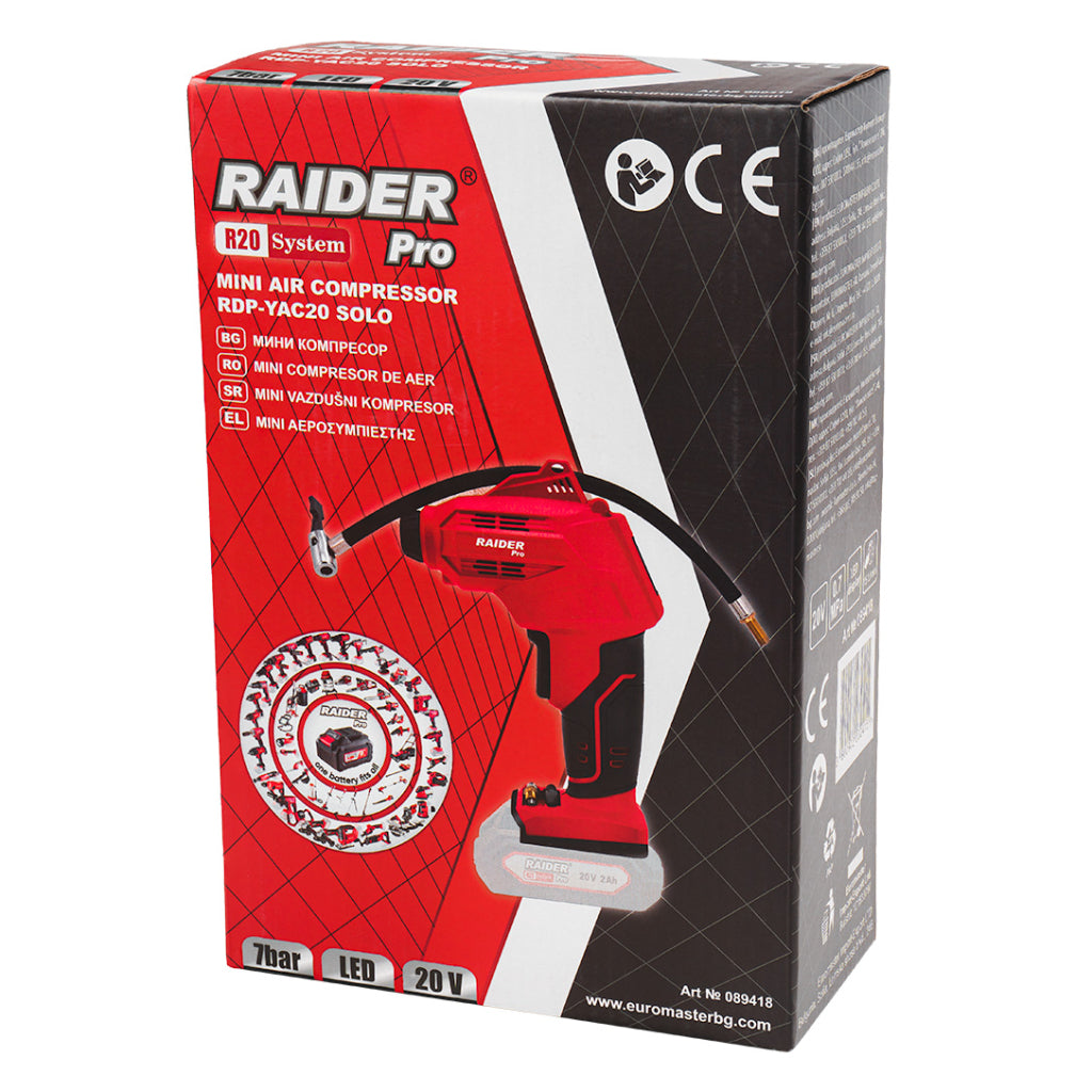 Raider R20 Mini compresor de aer 20V 7bar Display LED SOLO RDP-YAC20 R20 - O baterie, multe posibilitati!
