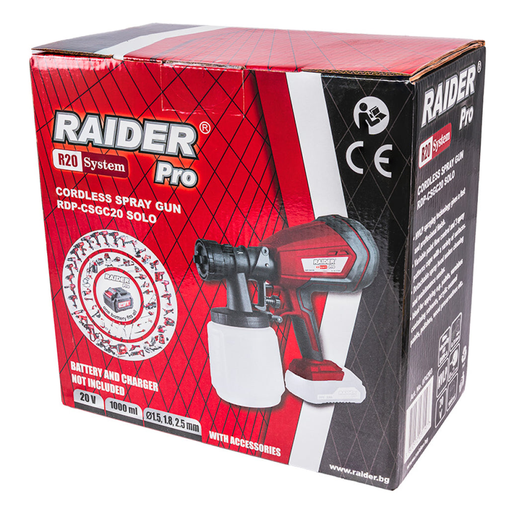 Raider R20 Pistol de vopsit 20V cu 3 duze Ø1.5-2.5mm 1L SOLO RDP-CSGC20 R20 - O baterie, multe posibilitati!