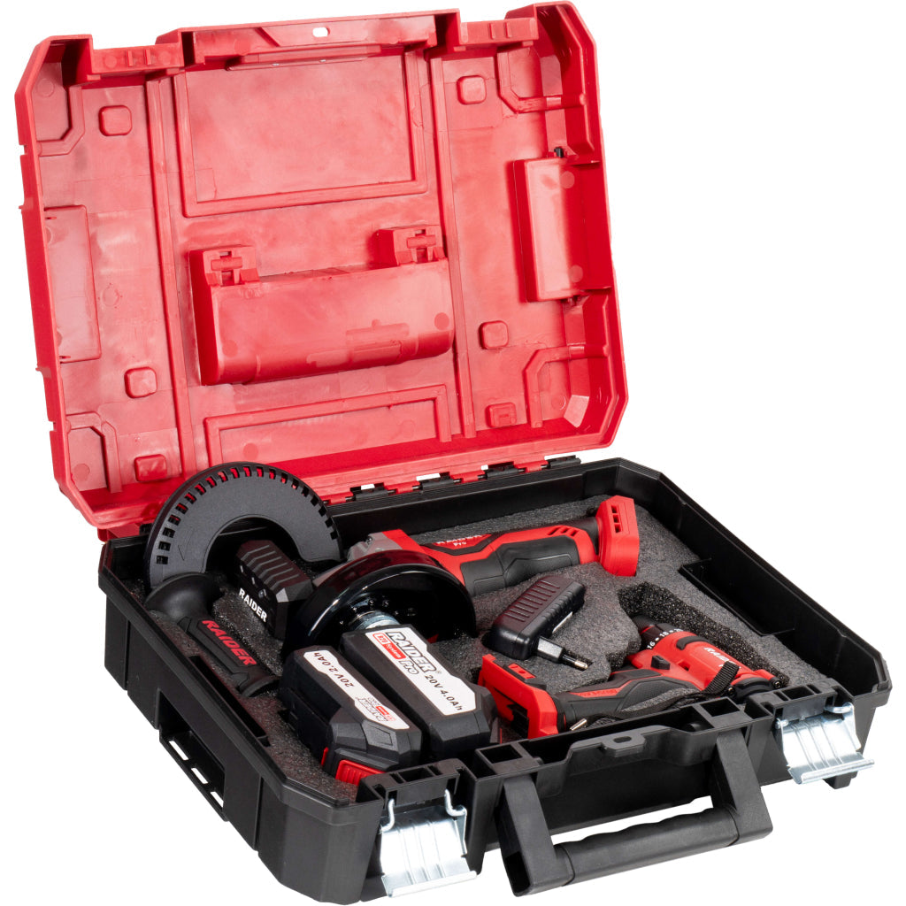 Raider R20 trusa bormasina si polizor unghiular 2.0 + 4.0Ah RDP-PBCDI20&SPAG20 R20 - O baterie, multe posibilitati!
