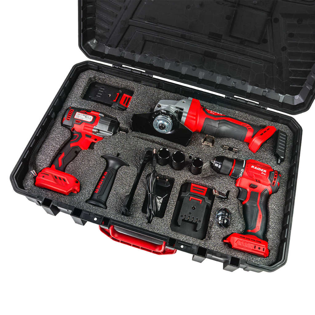 Raider R20 trusa bormasina polizor unghiular cheie impact si casti bluetooth cadou 20V 2x2.0Ah RDP R20 - O baterie, multe posibilitati!