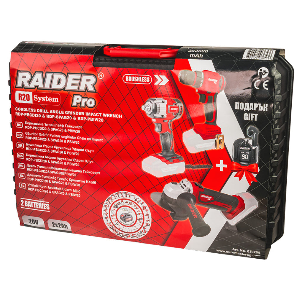 Raider R20 trusa bormasina polizor unghiular cheie impact si casti bluetooth cadou 20V 2x2.0Ah RDP R20 - O baterie, multe posibilitati!