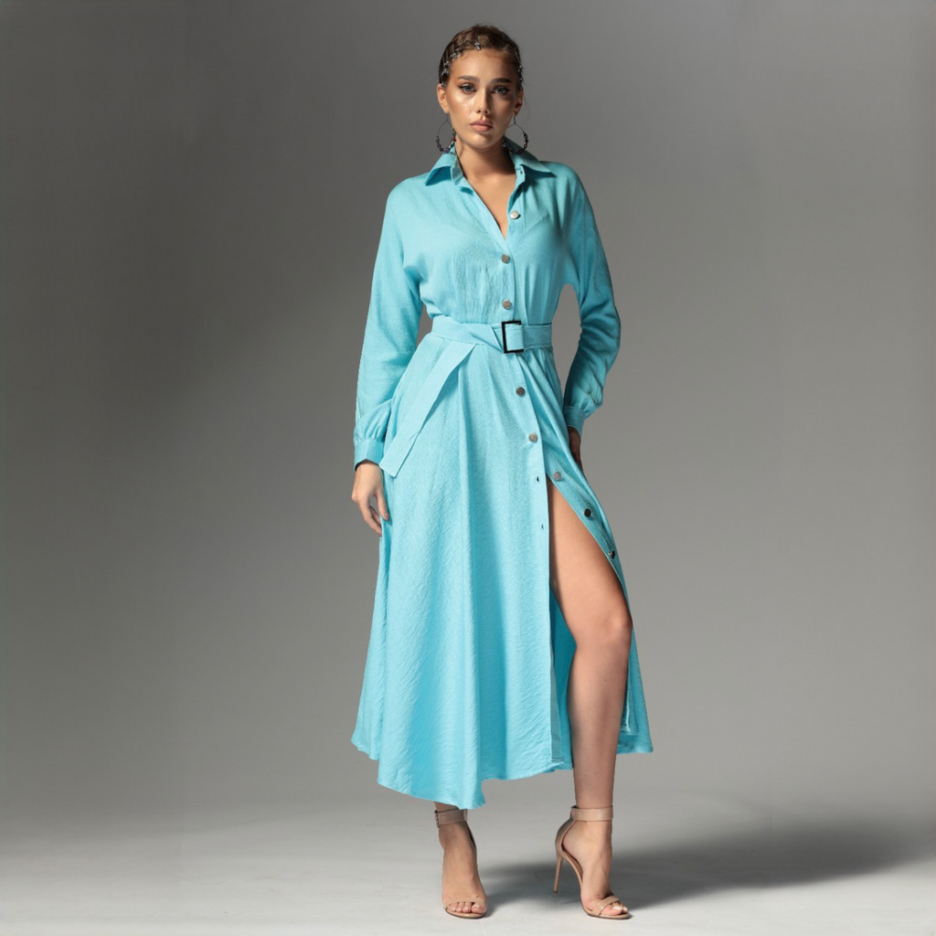 Rochie camasa bleu din in cu nasturi metalici Ingrid Baby Blue Carolina D