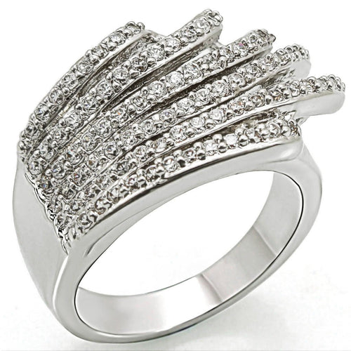1W018 - Rhodium Brass Ring with AAA Grade CZ  in Clear Turquoise Tiger