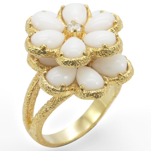 1W045 - Gold Brass Ring with Synthetic Synthetic Glass in White Turquoise Tiger