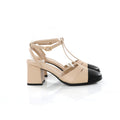 T-strap Block Heel Latte | Black Cap Toe FARFA