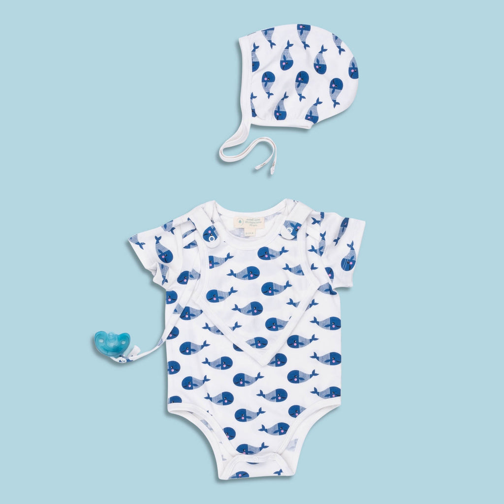 Smart Short Sleeve Baby Bodysuit + Bib - Blue Whale - Cart2u.ro