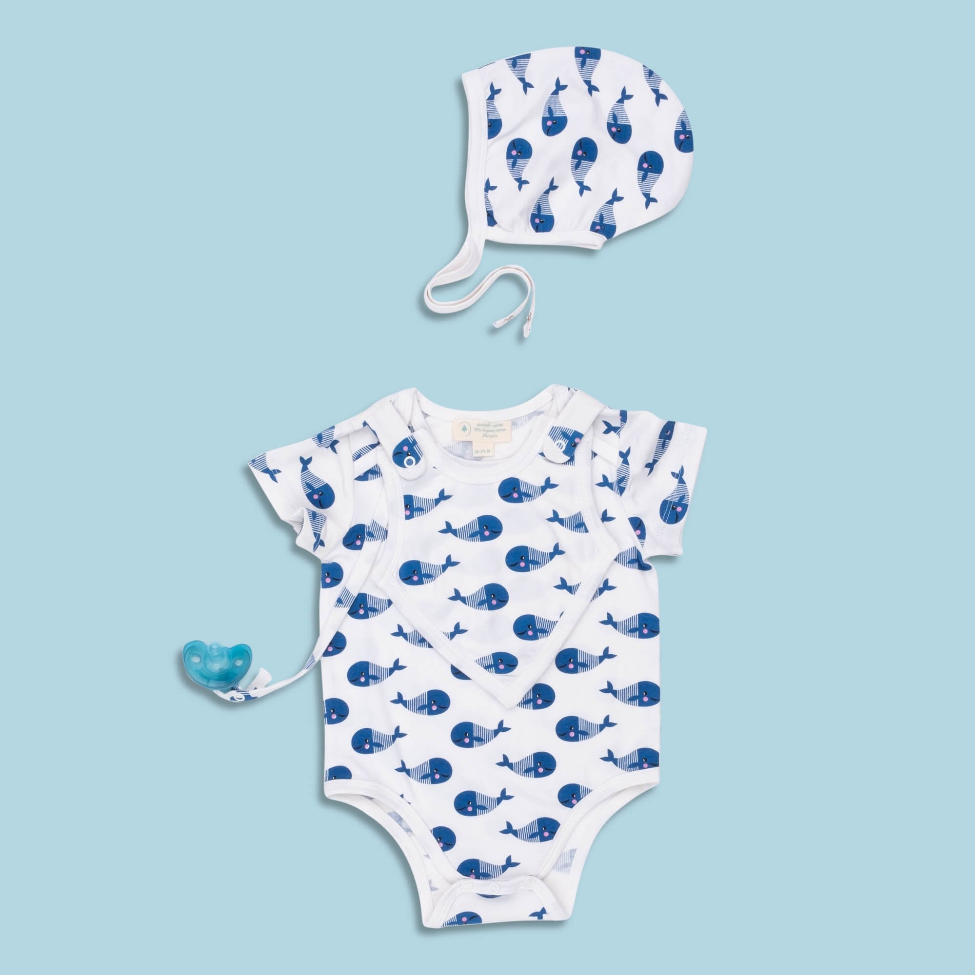 Smart Short Sleeve Baby Bodysuit + Bib - Blue Whale - Cart2u.ro
