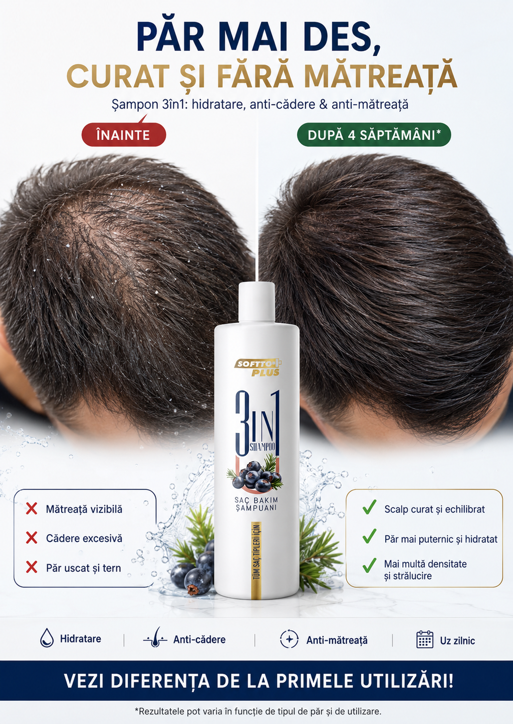 Șampon 3în1 Hidratant, Anti-Cădere & Anti-Mătreață CRABLAND