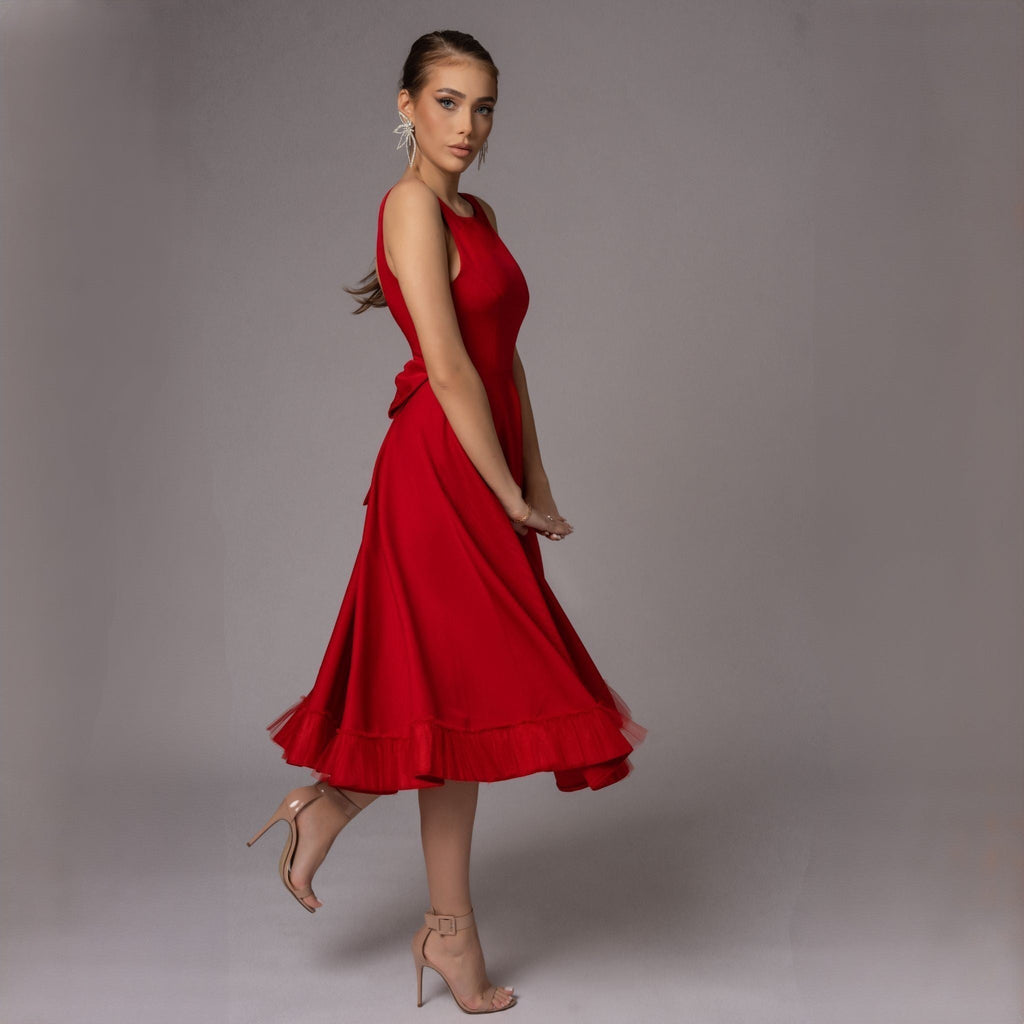 Rochie rosie cu spate gol si funda Estella Carolina D