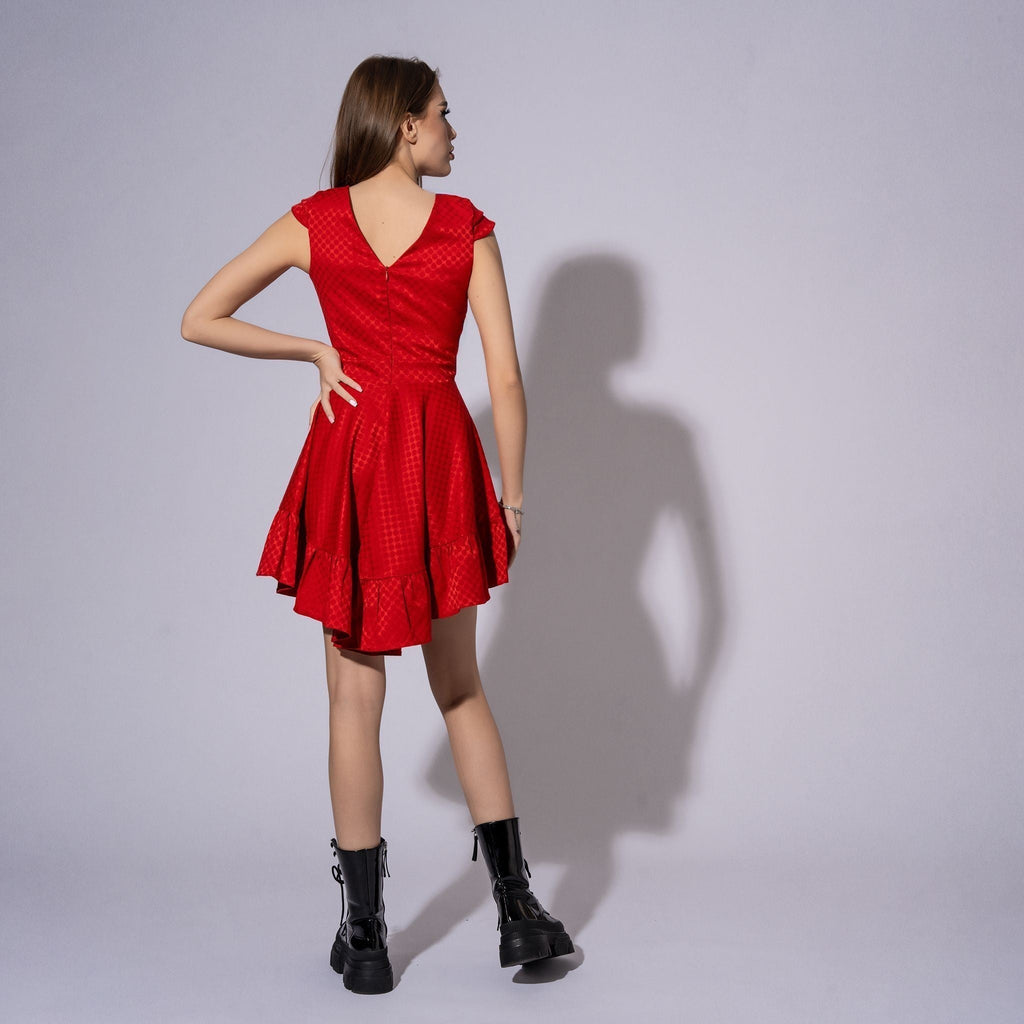 Rochie rosie scurta cu buline si volane Refresh Carolina D