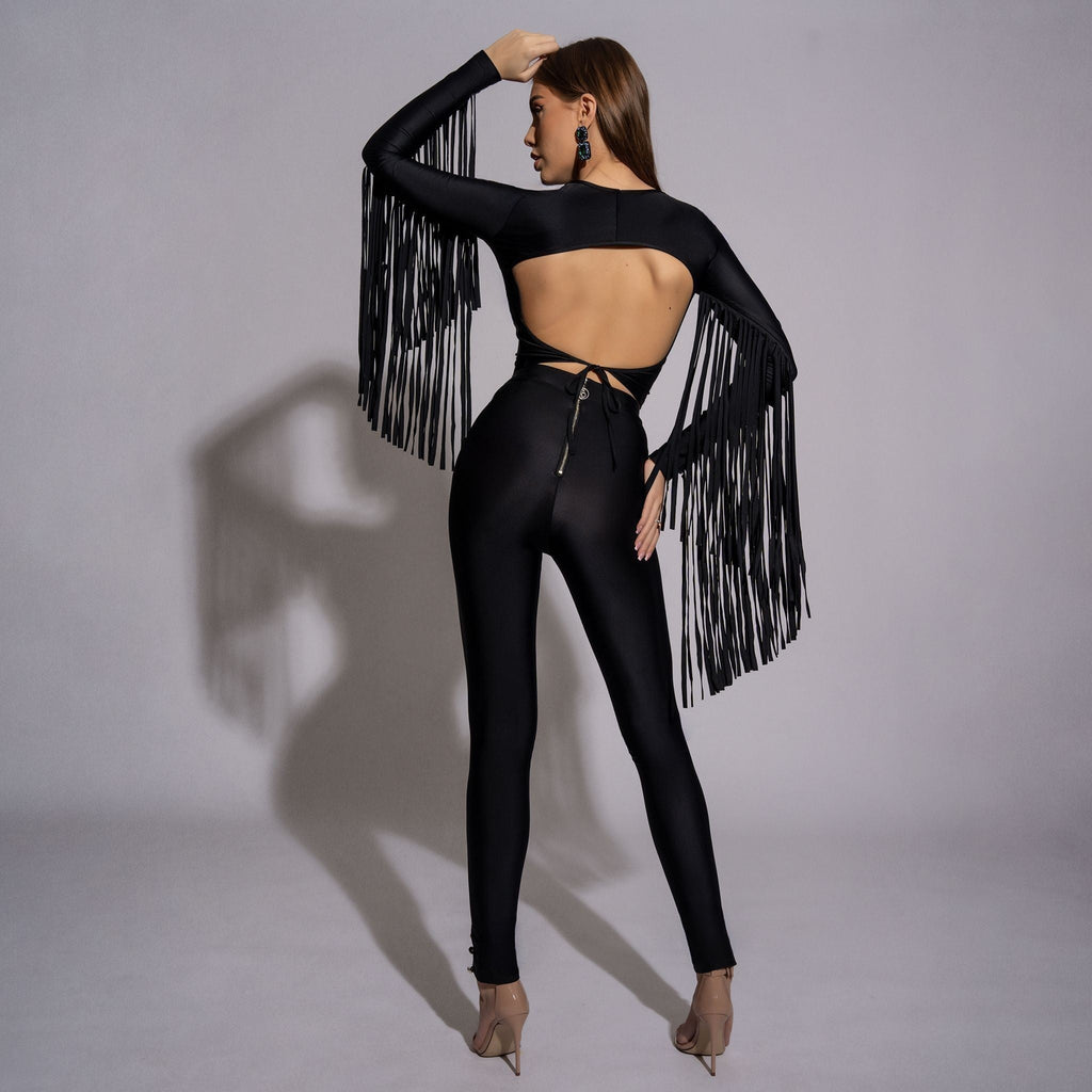 Bluza dama neagra modelatoare cu spate gol si franjuri Carolina D