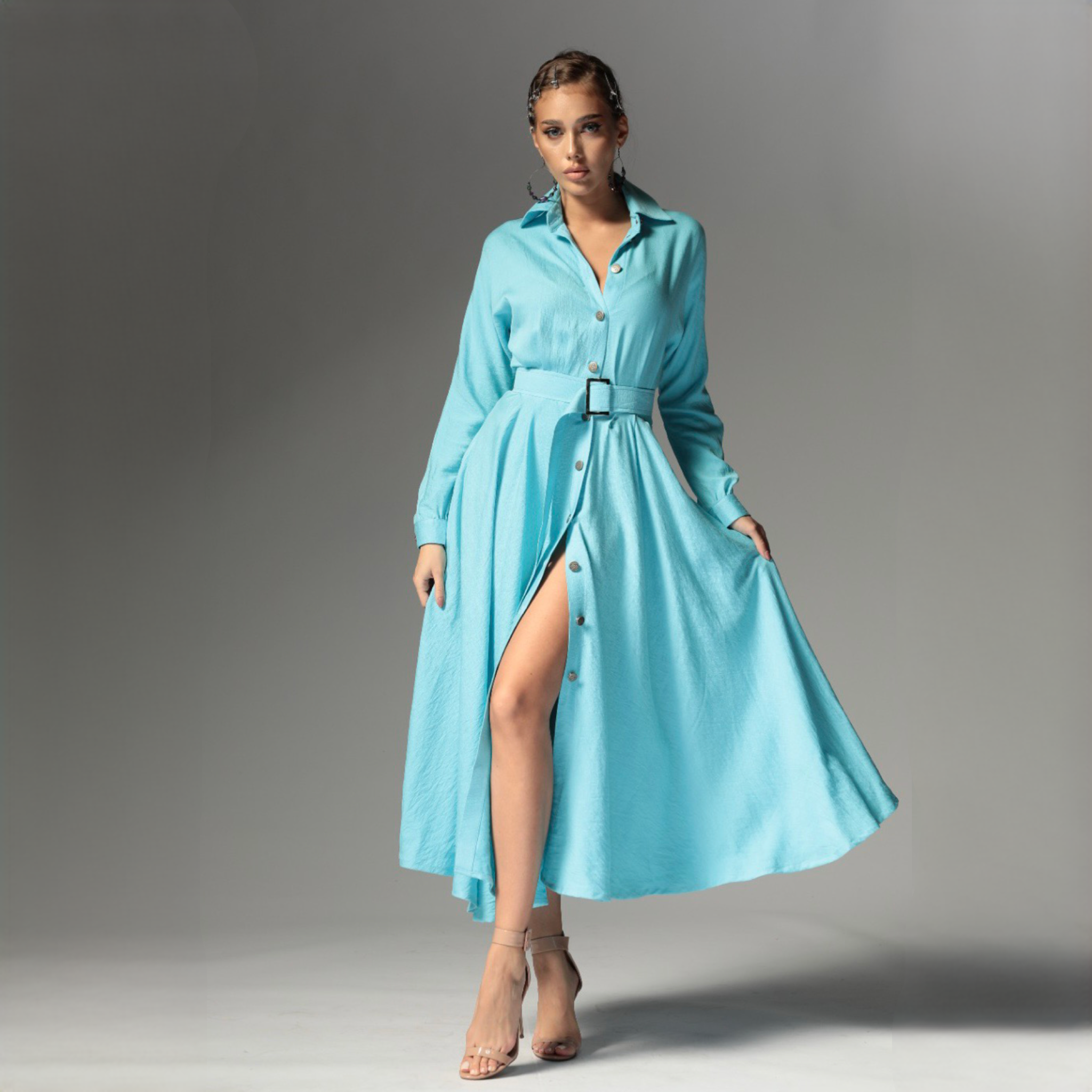 Rochie camasa bleu din in cu nasturi metalici Ingrid Baby Blue Carolina D