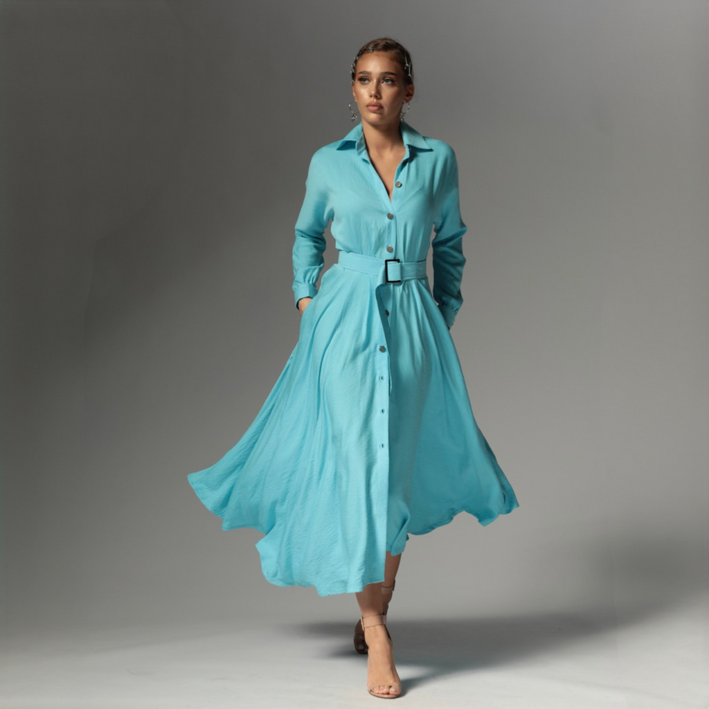 Rochie camasa bleu din in cu nasturi metalici Ingrid Baby Blue Carolina D