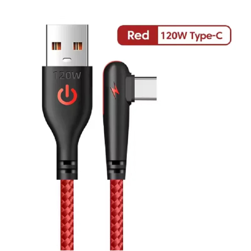120W USB To Type-C Fast Charging Cable 90Degree Elbow Design Nylon Braided Mobile Phone Data Cord For Huawei oppo Xiaomi Samsung cart2u.ro