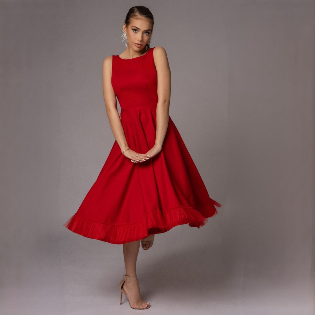 Rochie rosie cu spate gol si funda Estella Carolina D