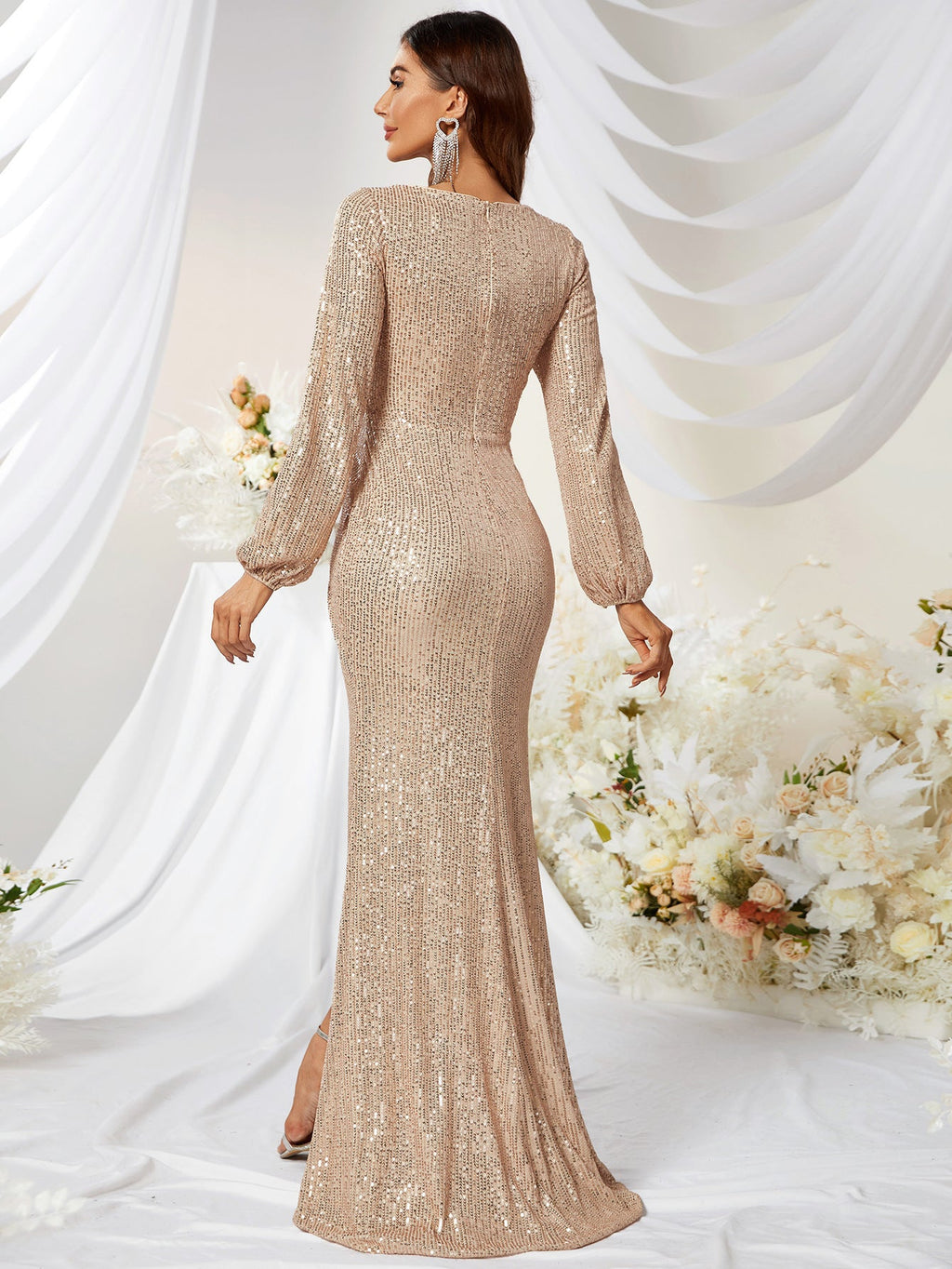 Sequined V-neck Long Sleeve High Slit Slim Fishtail Prom Evening Dress - Cart2u.ro