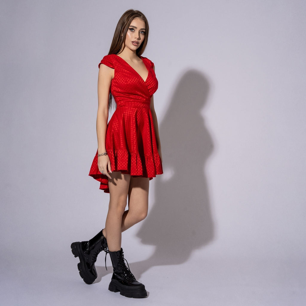 Rochie rosie scurta cu buline si volane Refresh Carolina D