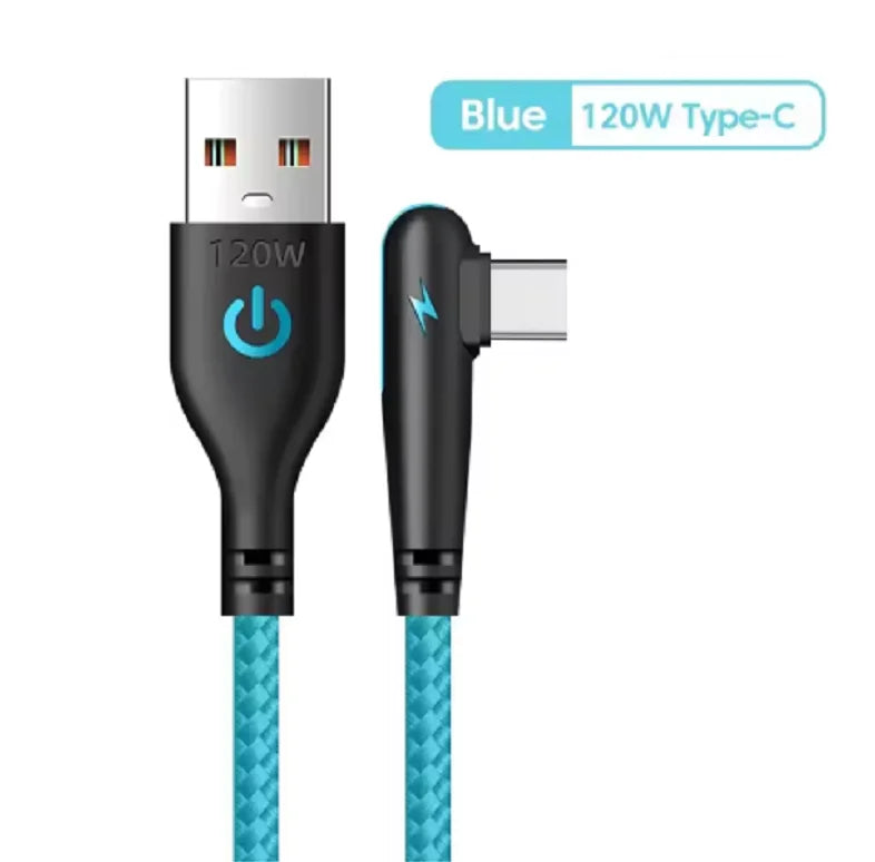 120W USB To Type-C Fast Charging Cable 90Degree Elbow Design Nylon Braided Mobile Phone Data Cord For Huawei oppo Xiaomi Samsung cart2u.ro