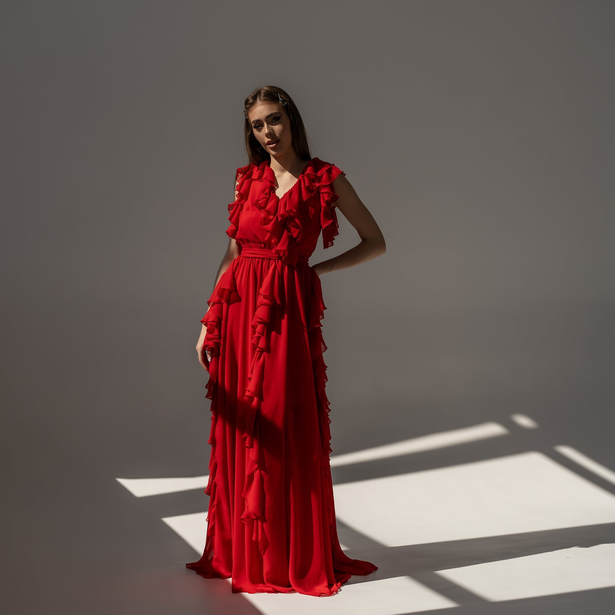 Rochie lunga rosie din voal GetADivaLook Carolina D