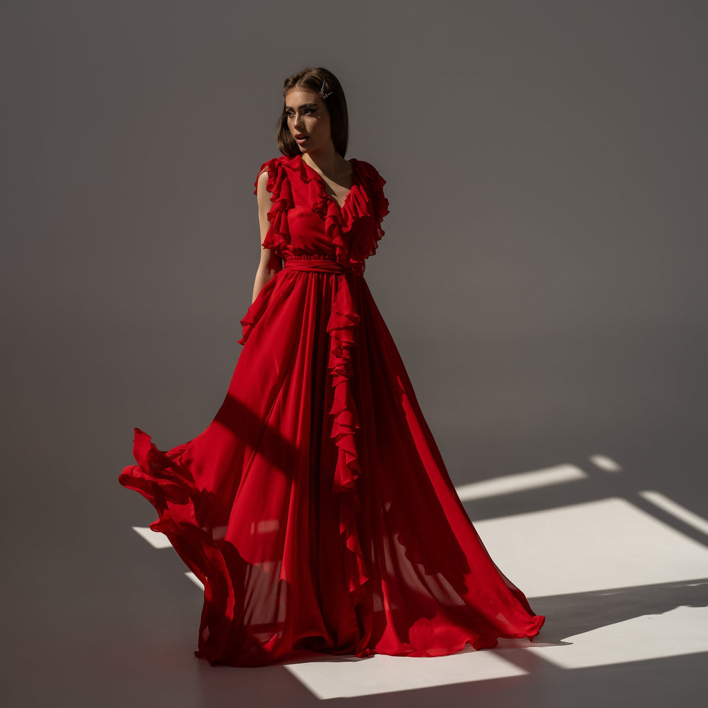 Rochie lunga rosie din voal GetADivaLook Carolina D