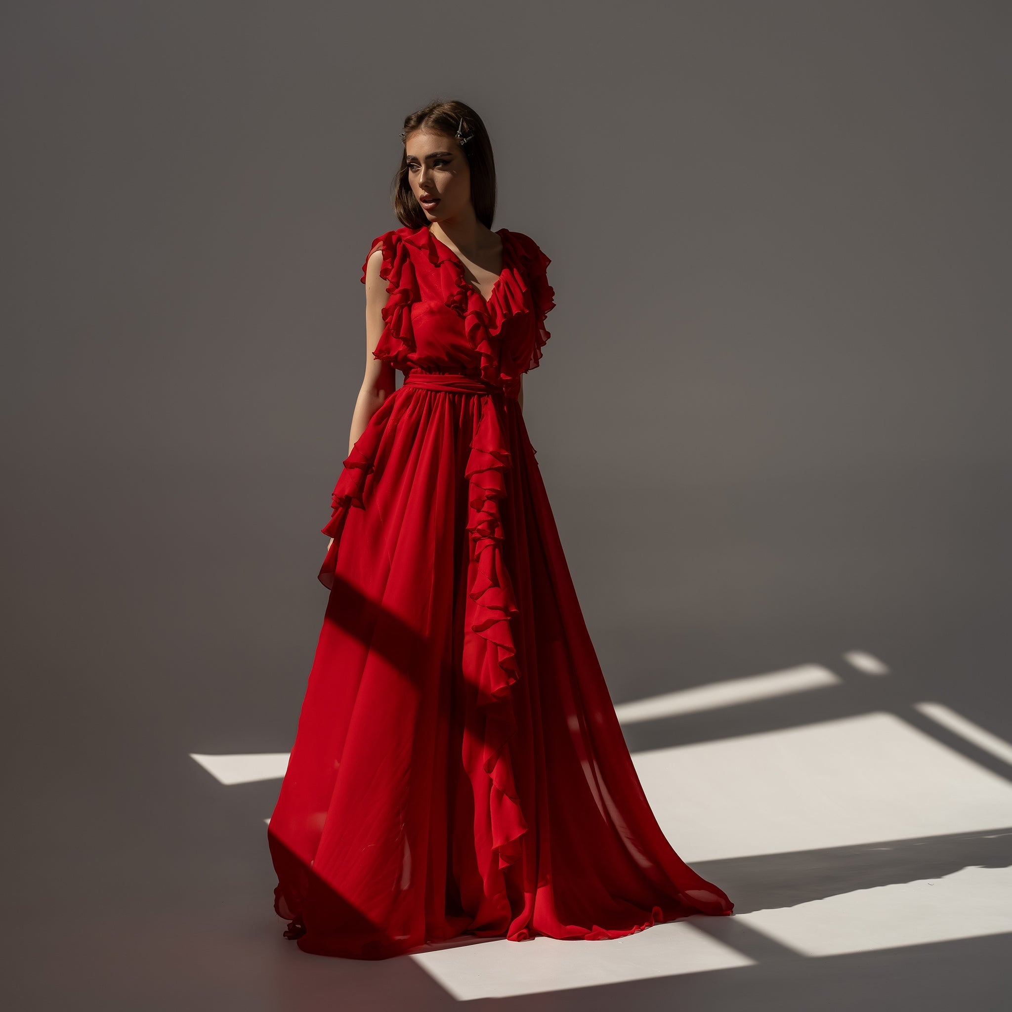 Rochie lunga rosie din voal GetADivaLook Carolina D