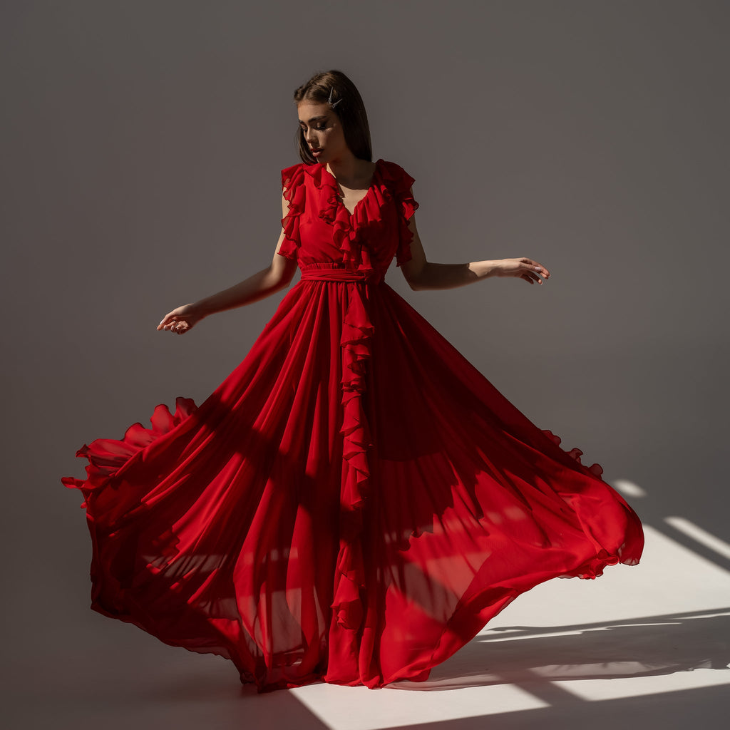 Rochie lunga rosie din voal GetADivaLook Carolina D