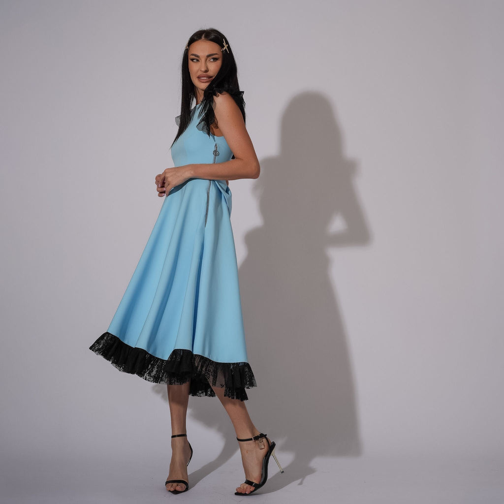 Rochie baby blue cu spate gol si volane din dantela Leda Carolina D