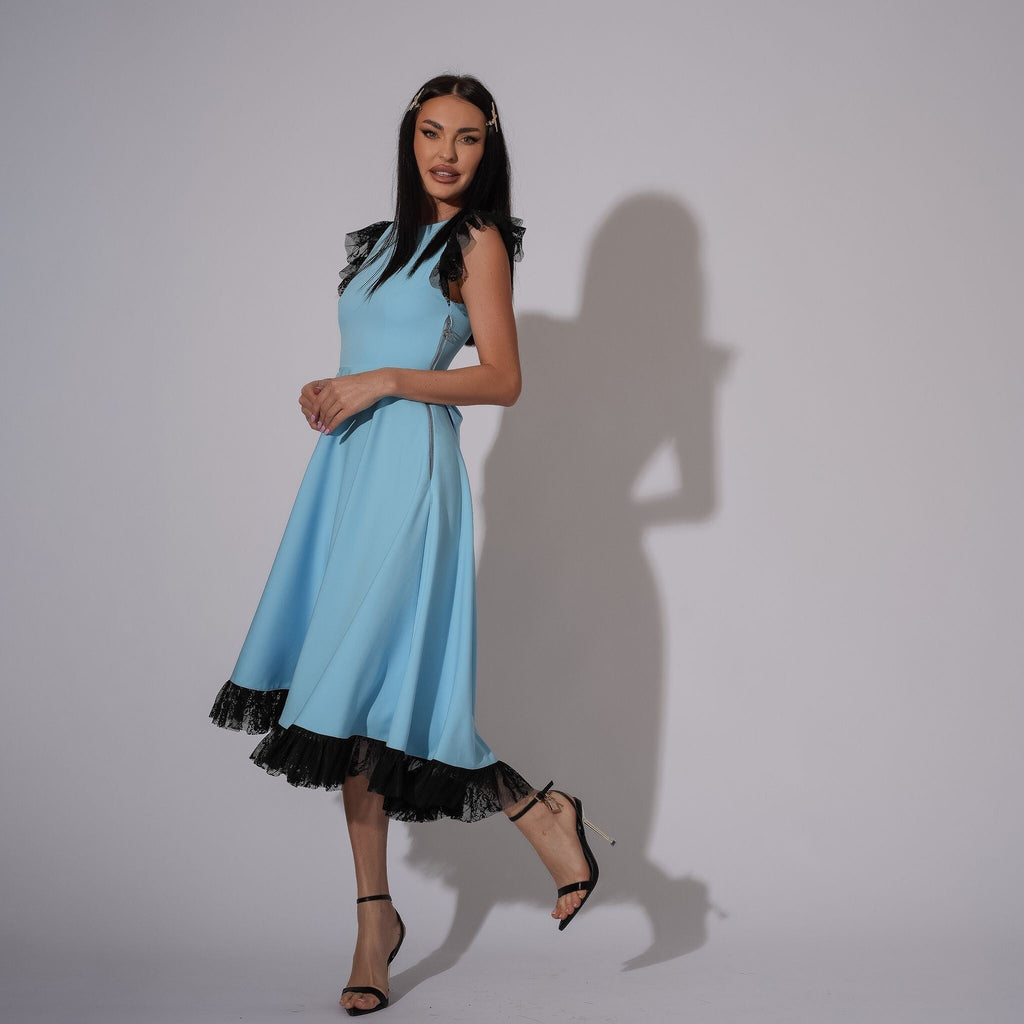Rochie baby blue cu spate gol si volane din dantela Leda Carolina D