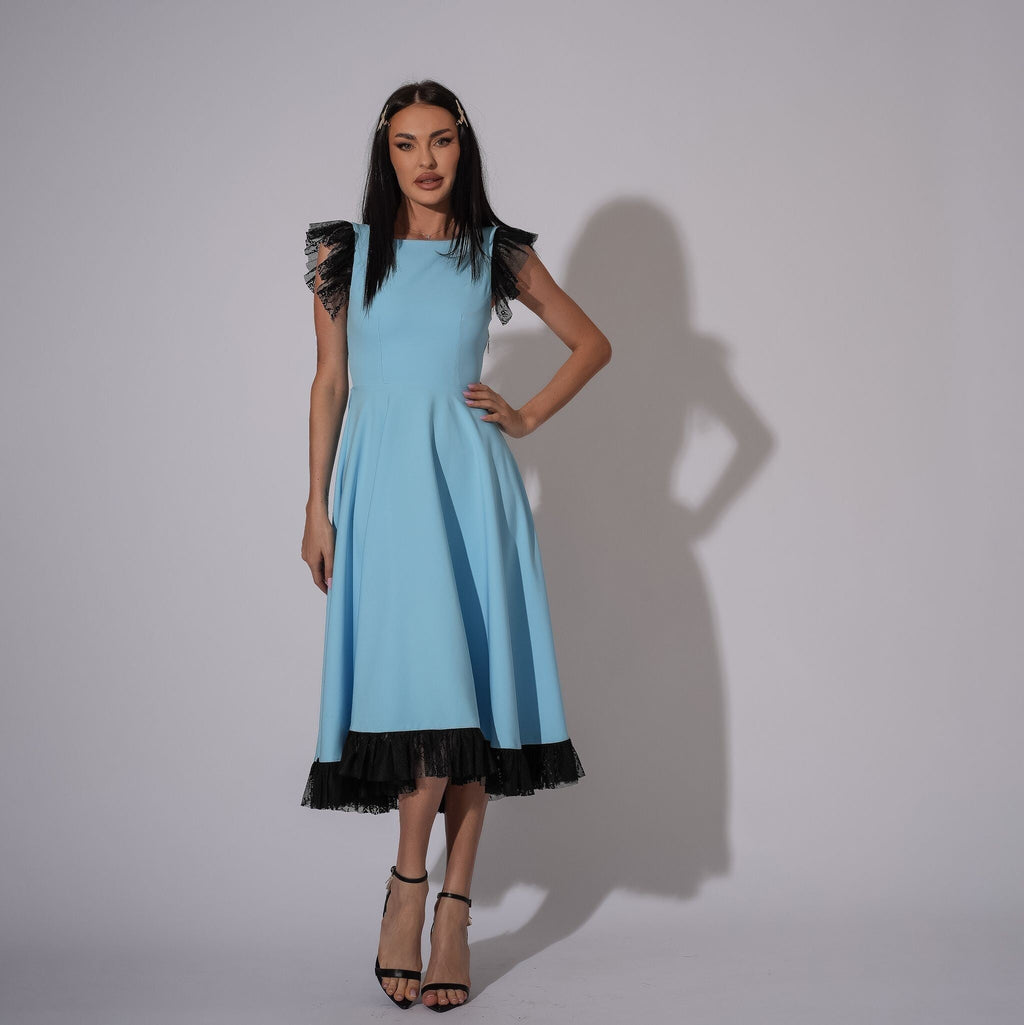 Rochie baby blue cu spate gol si volane din dantela Leda Carolina D