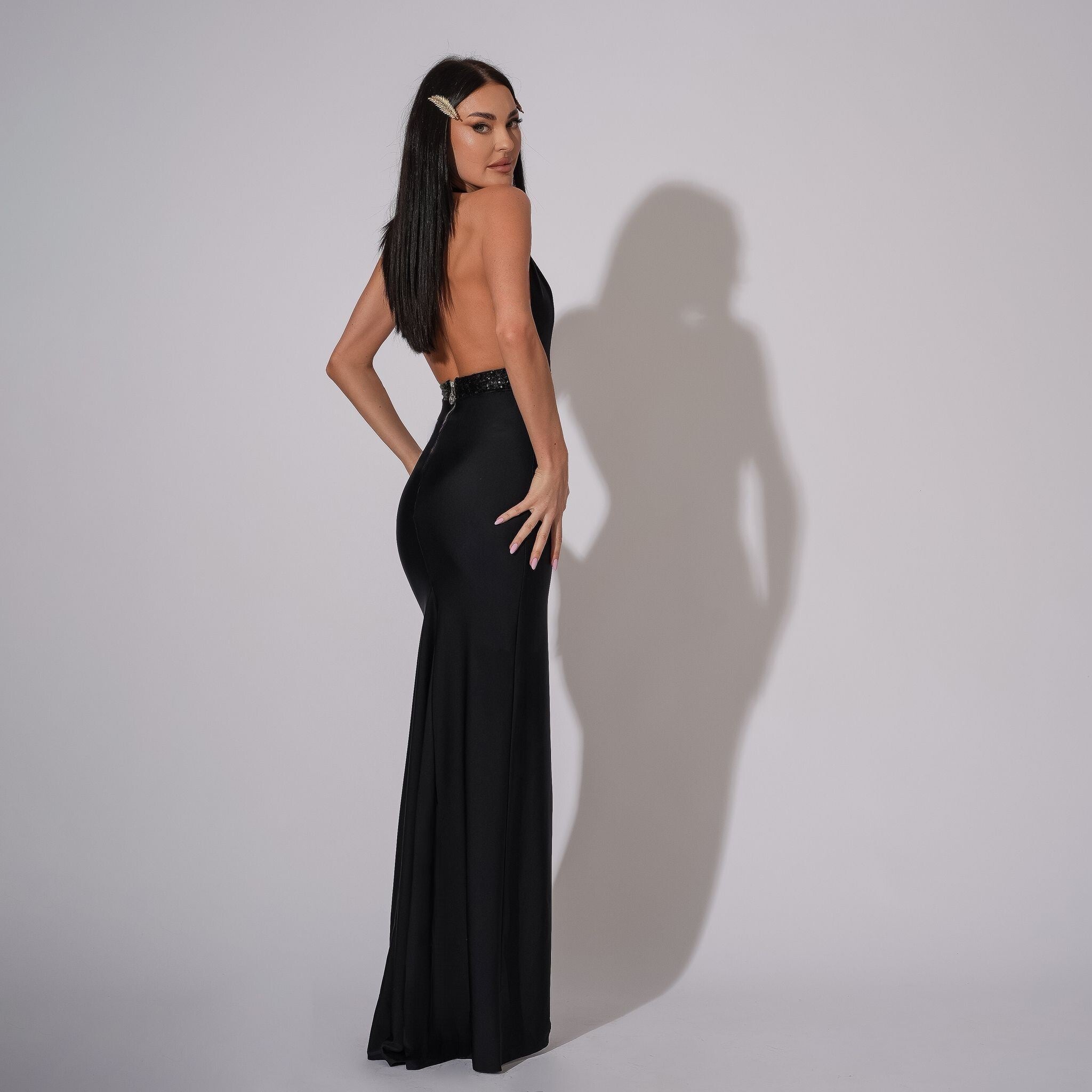 Rochie neagra lunga cu spate gol Paris Carolina D